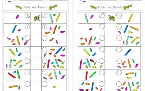 Arbeitsblatt "Größer oder Kleiner?" mit Süßigkeiten und Krokodilen. Kinder zählen und vergleichen Mengen.