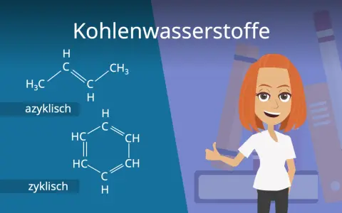 Chemische Strukturen von Kohlenwasserstoffen: eine azyklische und eine zyklische Verbindung. Eine lächelnde Frau mit roten Haaren gibt Daumen hoch.