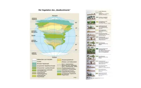 Die Vegetation des „Idealkontinents“ zeigt verschiedene Vegetationszonen, von der Tundra bis zum tropischen Regenwald.