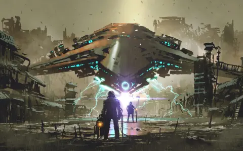 Zwei Gestalten stehen in einer **dystopischen** Ruinenlandschaft vor einem riesigen, leuchtenden Raumschiff, das Blitze aussendet.