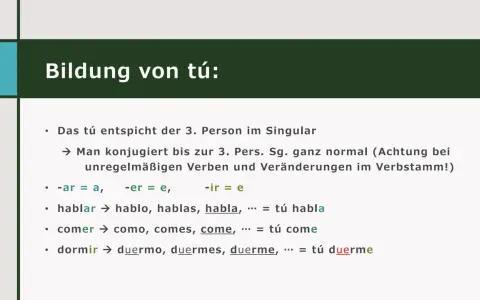 Bildung von tú: Spanische Imperativ-Regeln für die 3. Person Singular. Beispiele: hablar, comer, dormir.