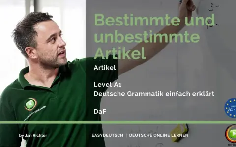 Mann erklärt den bestimmten und unbestimmten Artikel. Deutsche Grammatik für Anfänger (Level A1).