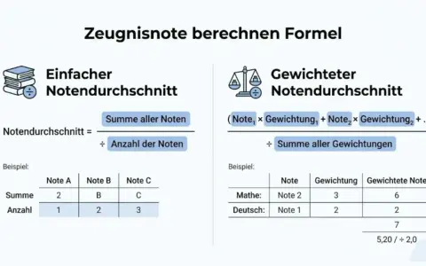 Formeln für einfachen und gewichteten Notendurchschnitt. Der Mittelwert wird durch Summe aller Noten geteilt durch Anzahl der Noten berechnet.