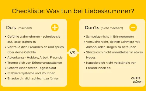 Checkliste: Was tun bei Liebeskummer? Zeigt "Do's" und "Don'ts" für den Umgang mit Herzschmerz.