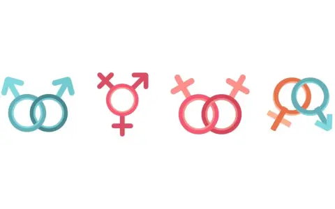 Symbole für verschiedene Geschlechter: zwei Männer, Transgender, zwei Frauen, Mann und Frau. Die Frage, wie viele Geschlechter es gibt, wird hier visuell angedeutet.