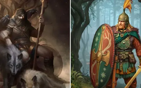 Odin, der Allvater, mit Raben und Wölfen, sitzt auf einem Thron aus Ästen. Daneben ein Krieger mit Helm und Schild.