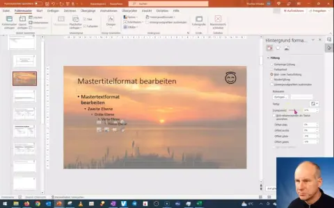 PowerPoint-Folie mit Sonnenuntergang als powerpoint hintergrund. Die Folie zeigt "Mastertitelformat bearbeiten" und eine Liste von Ebenen. Rechts ist das Menü "Hintergrund formatieren" geöffnet.
