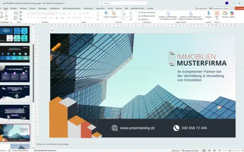 Eine PowerPoint-Präsentation mit einem modernen Design für eine Immobilienfirma.
