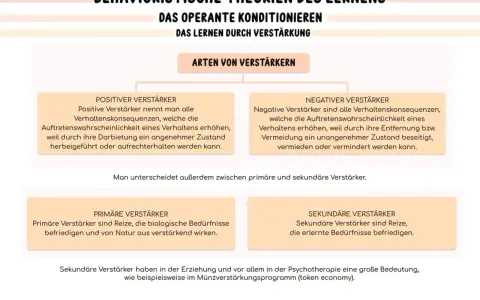 Schema zu operanter Konditionierung: positive/negative Verstärker, primäre/sekundäre Verstärker.