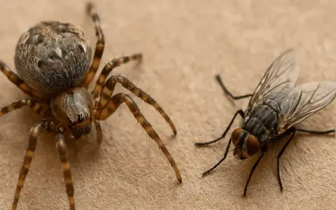 Eine Spinne und eine Fliege auf braunem Untergrund. Viele Leute denken, dass spinnen insekten sind, aber das stimmt nicht.