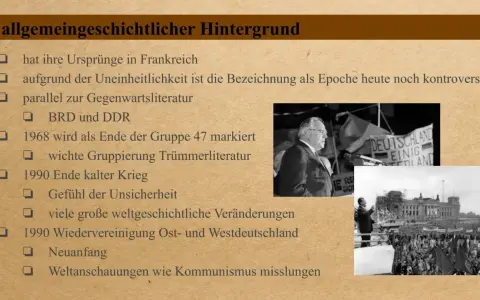 Liste von Stichpunkten zur postmoderne, mit Bildern von Rednern und Menschenmengen, die historische Ereignisse wie die Wiedervereinigung Deutschlands symbolisieren.