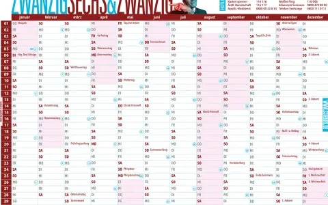Kalender 2026 mit Monaten, Tagen und Feiertagen in Bayern.