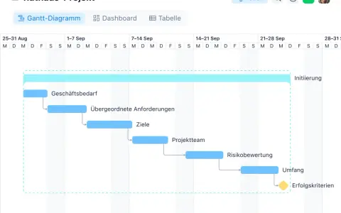 Ein Gantt-Diagramm für das Rathaus-Projekt zeigt den Zeitplan mit Phasen wie Geschäftsbedarf, Anforderungen, Ziele, Projektteam, Risikobewertung und Erfolgskriterien.