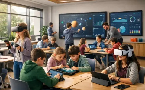 Kinder der Generation Alpha lernen mit VR-Brillen und Tablets im Klassenzimmer.