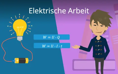 Elektrische Arbeit: Glühbirne, Batterie und Formeln für Energie (Joule). Ein Junge erklärt die Formeln.
