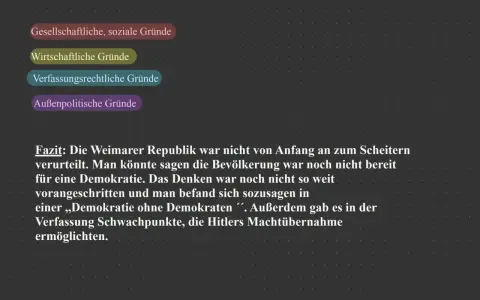Die Weimarer Republik scheiterte an gesellschaftlichen, wirtschaftlichen, verfassungsrechtlichen und außenpolitischen Gründen. Die Bevölkerung war nicht bereit für Demokratie.