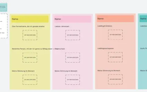 Karten mit Fragen zum Kennenlernen, die mit GIFs beantwortet werden. Jede Karte fragt nach persönlichen Vorlieben wie Lieblingsjahreszeit, Frühstück oder Hobby.