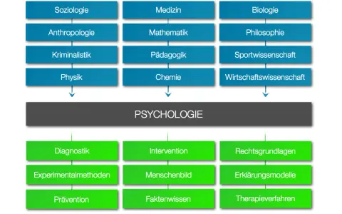 Diagramm zeigt, wie verschiedene Disziplinen wie Soziologie, Medizin und Biologie zur Psychologie beitragen. Darunter sind Anwendungsbereiche wie Diagnostik und Intervention aufgeführt.