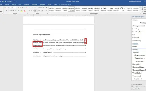 Das Abbildungsverzeichnis in Word zeigt eine Liste von Abbildungen mit Titeln und Seitenzahlen, die für die diplomarbeit formatierung erstellt wurde.