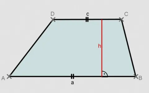 Trapez mit den Eckpunkten A, B, C, D. Die parallelen Seiten sind mit "a" und "c" beschriftet. Die Höhe "h" ist eingezeichnet. Formel für den Flächeninhalt Trapez.