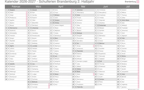Kalender 2026-2027 mit Monaten Februar bis Juli und Namen.