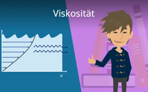 Diagramm zeigt Flüssigkeitsströmung und die Bedeutung von Viskosität. Ein Junge gibt Daumen hoch vor Bücherregal.