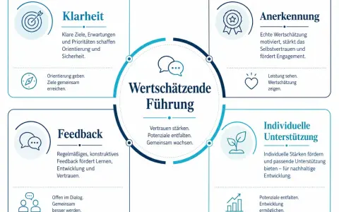 Schema zur wertschätzenden Führung: Klarheit, Feedback, Anerkennung und individuelle Unterstützung fördern Vertrauen und Wachstum.