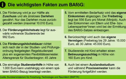 BAföG-Infos: Zuschuss/Darlehen, Höchstsatz 992€, Dauer, Studienstarthilfe, Einkommen/Vermögen, Kinderzuschlag, Auslands-/Praxissemester. Ideal für jeden Werkstudenten.
