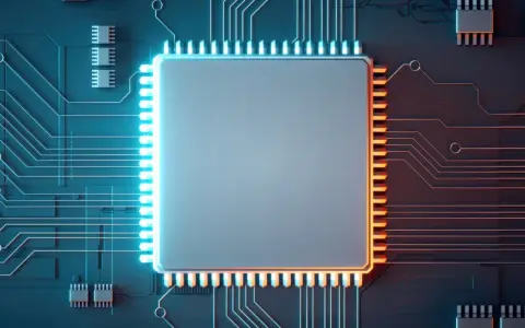 Ein großer, rechteckiger Chip mit vielen Pins, umgeben von Leiterbahnen auf einer dunklen Platine. Dieser **Halbleiter** ist das Herzstück moderner Technologie.