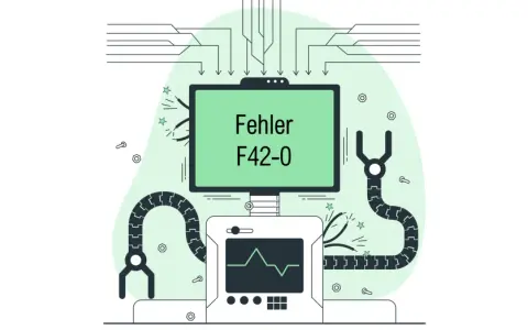 Ein Bildschirm zeigt "Fehler F42-0". Roboterarme und ein Messgerät deuten auf ein Problem in einer komplexen Datenbank hin.