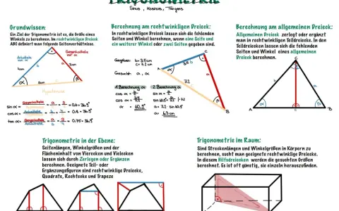 Grundlagen der Trigonometrie: Ein rechtwinkliges Dreieck mit Seiten und Winkeln. Formeln für Sinus, Kosinus, Tangens.