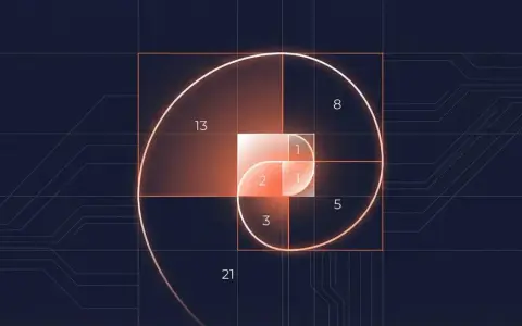 Die Fibonacci-Folge visualisiert sich in einem goldenen Schnitt-Spiralmuster, das sich von kleinen Quadraten zu größeren entwickelt.