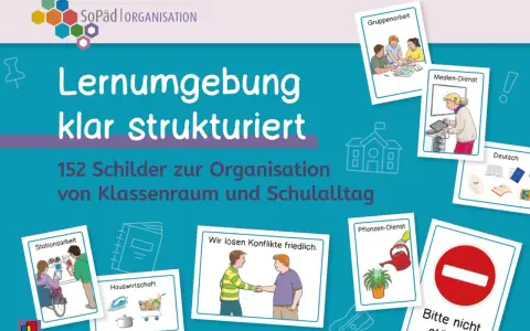 Schilder für eine klare Lernumgebung in der Sonderpädagogik: Organisation von Klassenraum und Schulalltag.