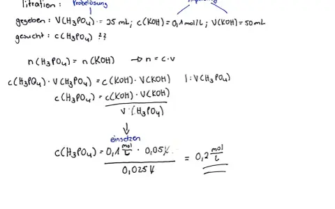 Titration einer Phosphorsäure-Lösung mit Kaliumhydroxid. Die Berechnung der Konzentration der Phosphorsäure (H₃PO₄) wird gezeigt.