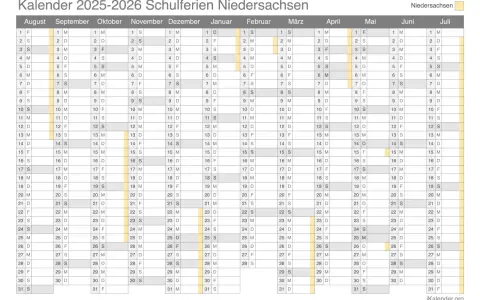 Kalender 2025-2026 Niedersachsen mit Monaten und Tagen.