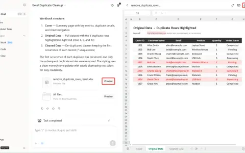 Excel-Tabelle mit hervorgehobenen doppelten Zeilen. Die Aufgabe "excel doppelte werte löschen" wurde erfolgreich abgeschlossen.