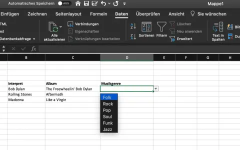 Excel-Dropdown erstellen: Musikgenre-Auswahl mit Optionen wie Folk, Rock, Pop, Soul, Funk, Jazz.