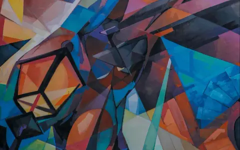 Abstrakte Komposition in leuchtenden Farben, die an den Stil des Kubismus erinnert. Geometrische Formen und Linien verschmelzen zu einem dynamischen Ganzen.