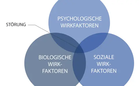 Venn-Diagramm zeigt, wie psychologische, biologische und soziale Faktoren zur Entstehung von Störungen beitragen. Ein Kernkonzept der Gesundheitspsychologie.