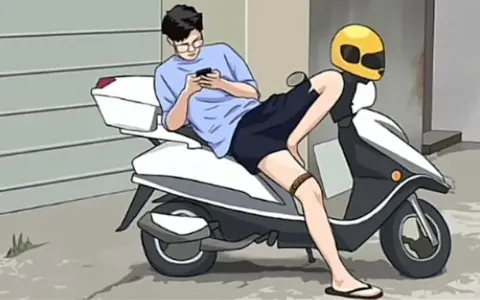 Ein Mann auf einem Roller, der auf sein Handy schaut. Die Beine scheinen verdreht, eine interessante optische Täuschung.
