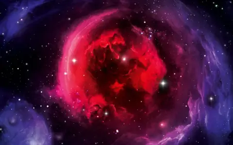 Ein leuchtender roter Nebel, der an den **Urknall** erinnert, umgeben von violetten Wolken und Sternen.
