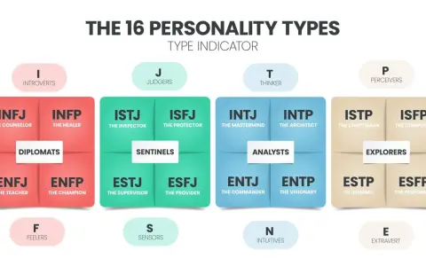 Übersicht der 16 Persönlichkeitstypen, aufgeteilt nach Introversion/Extraversion, Fühlen/Denken, Wahrnehmen/Urteilen und Intuition/Sensorik.