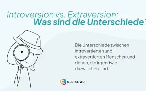 Eine Figur mit Hut und Lupe untersucht die Unterschiede zwischen introvertierten und extrovertierten Menschen.