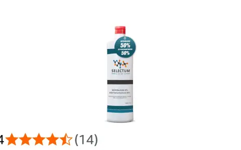 Flasche mit 1 Liter Natronlauge 50% von Selectum Chemie, geeignet für Lebensmittelqualität E524.