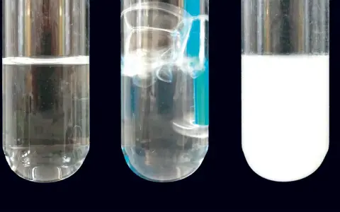 Drei Reagenzgläser zeigen eine klare Flüssigkeit, sprudelnde Flüssigkeit und eine milchige Flüssigkeit. Dies ist eine kalkwasserprobe.