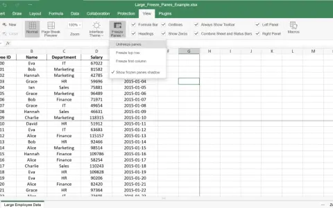 Excel-Menü zeigt Optionen zum "excel zeile fixieren". Die oberste Zeile ist bereits fixiert.