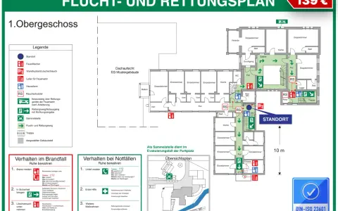 Flucht- und Rettungsplan mit Symbolen für Feuerlöscher, Rettungswege und Notausgänge. Ein Hinweis auf die Gefahren von Flusssäure ist nicht ersichtlich.