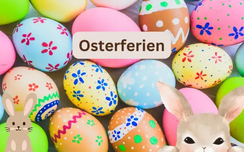 Bunte Ostereier und Hasenfiguren, bereit für die Osterferien Sachsen 2026.