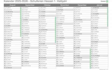 Kalender 2025-2026 Hessen mit Namen und Monaten.