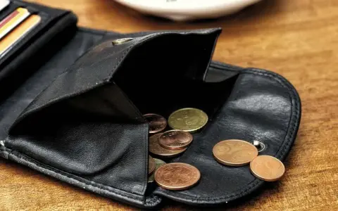 Schwarzes Lederportemonnaie mit Münzen. Die wenigen Münzen symbolisieren die Opportunitätskosten, wenn man sich für eine Ausgabe entscheidet.